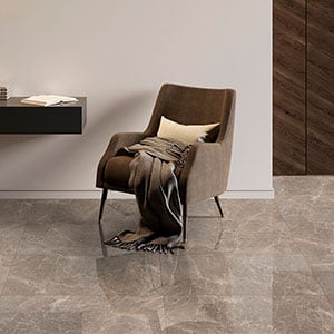 Brown chair on shiny porcelain tiles