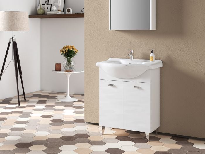 Rimini Glossy White Freestanding Cabinet & Perla White Basin - 600 x 335 x 800mm